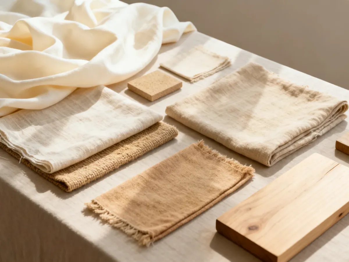 Porównanie jasnego ecru i różnych odcieni beżu na naturalnych tkaninach i materiałach