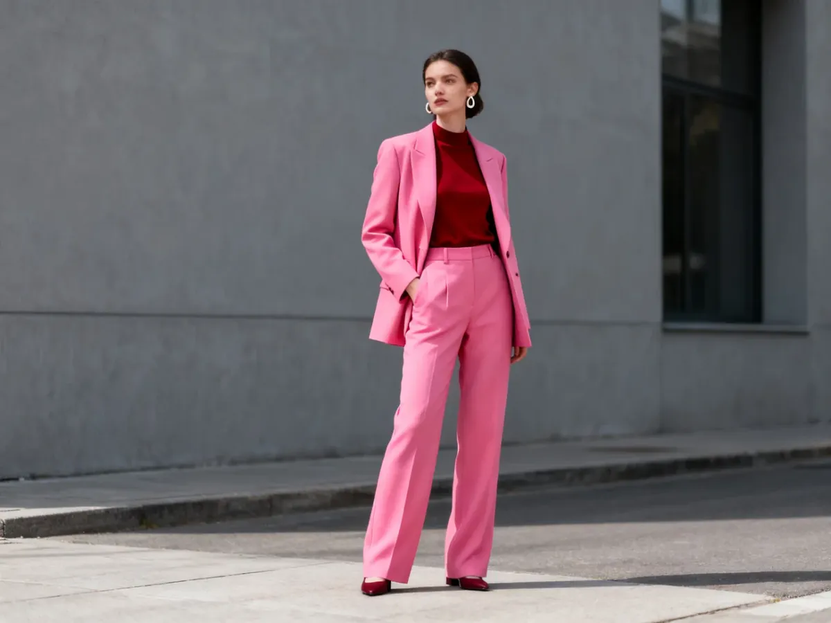 Stylizacja color blocking z różowym garniturem i czerwonym topem