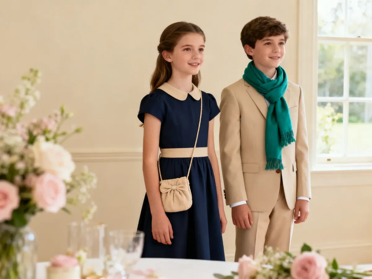 Eleganckie wiosenne stylizacje gościa na komunię w granacie, beżu i szmaragdzie