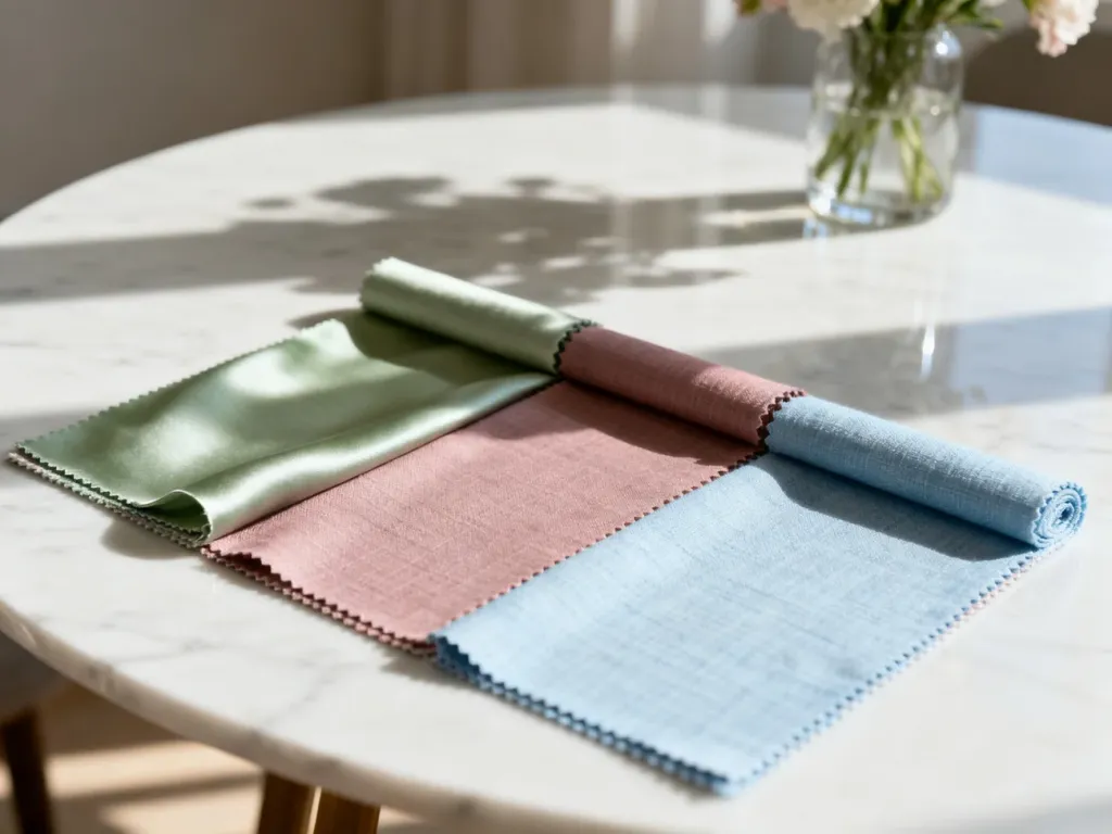Eleganckie próbki materiałów w pastelowych odcieniach na marmurowym blacie, idealne jako inspiracja kolorystyczna na komunię.