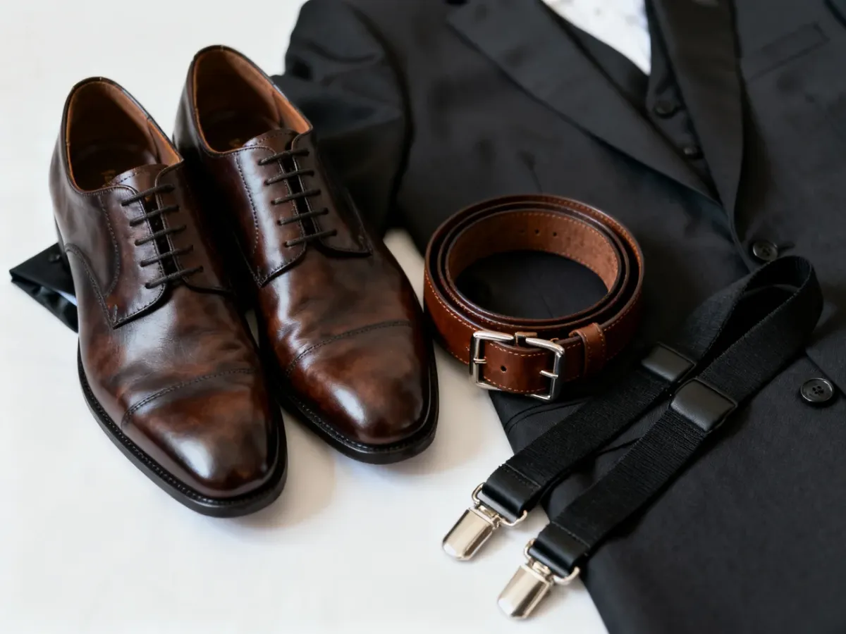 Dopasowany kolorystycznie brązowy pasek i buty przy formalnym stroju