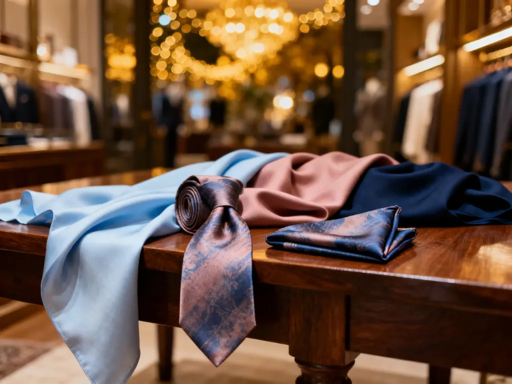 Eleganckie tkaniny w pastelowych i klasycznych odcieniach oraz krawat z poszetką na drewnianym stole w butiku.