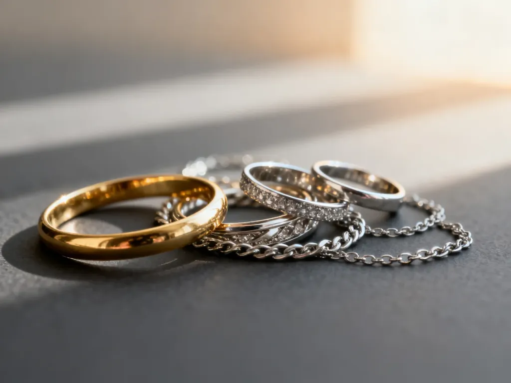 Eleganckie zestawienie złotych i srebrnych pierścionków, bransoletek oraz naszyjników na ciemnym, matowym tle.