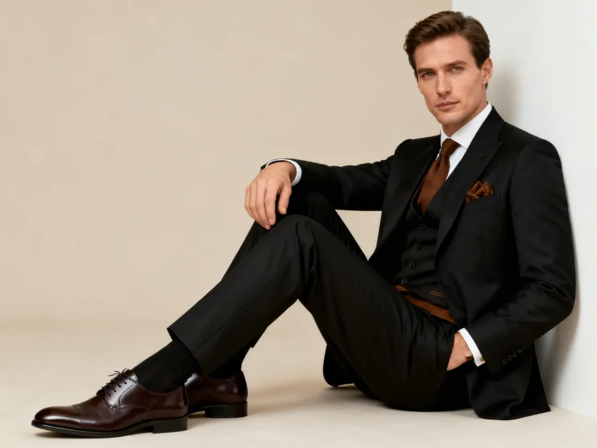 Czarny garnitur zestawiony z eleganckimi butami w kolorze ciemnego espresso