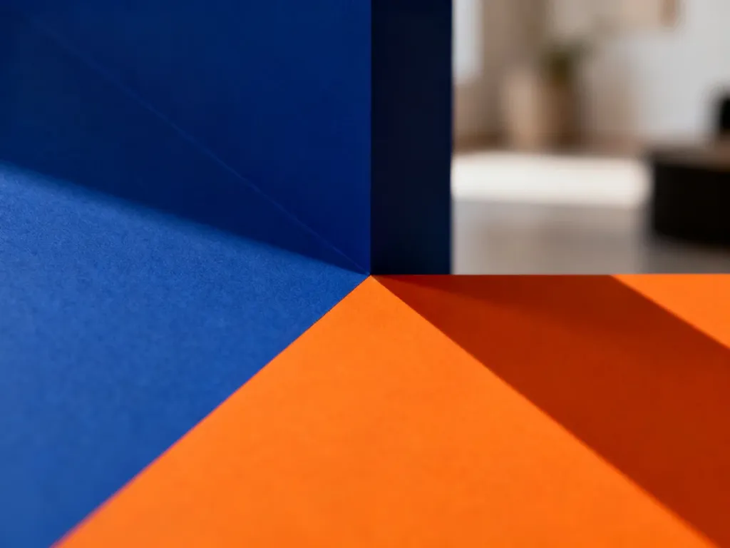 Minimalistyczne zestawienie geometrycznych bloków w kolorze głębokiego błękitu i pomarańczu, oddzielonych ukośną linią.
