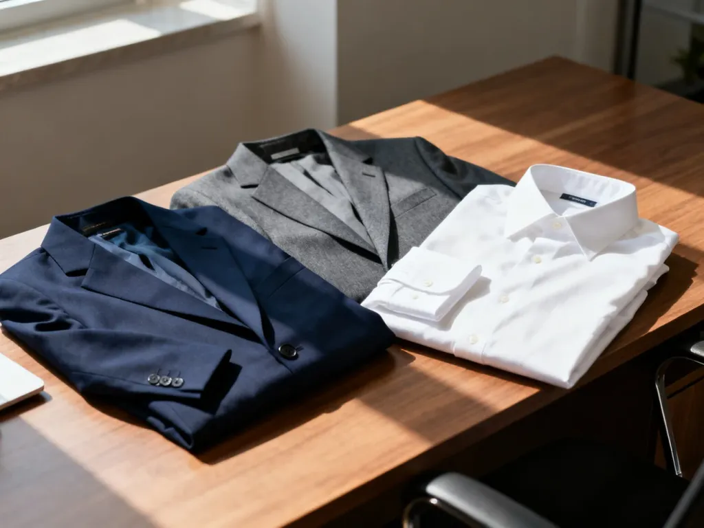 Eleganckie koszule i marynarki w stonowanych kolorach, idealne do biurowego dress code'u, ułożone na drewnianym biurku.