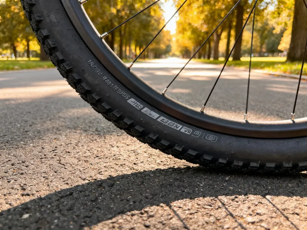 Zbliżenie na bieżnik i oznaczenia techniczne opony rowerowej na asfalcie w słoneczny dzień.