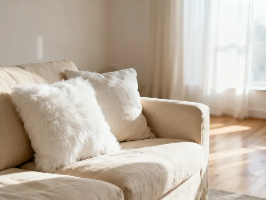 Minimalistyczny salon w odcieniach bieli i beżu z lnianą sofą, tworzący przytulną i harmonijną przestrzeń wypoczynkową.