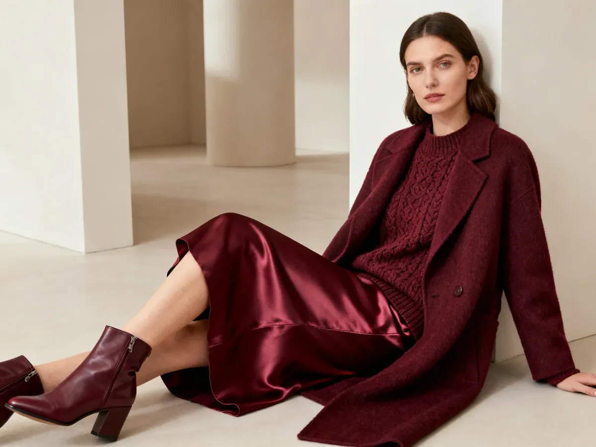 Stylizacja total look w różnych odcieniach bordo i fakturach