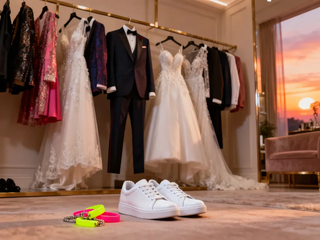 Eleganckie stroje weselne zestawione z niepasującymi białymi sneakersami i neonowymi dodatkami jako przykład modowej wpadki.