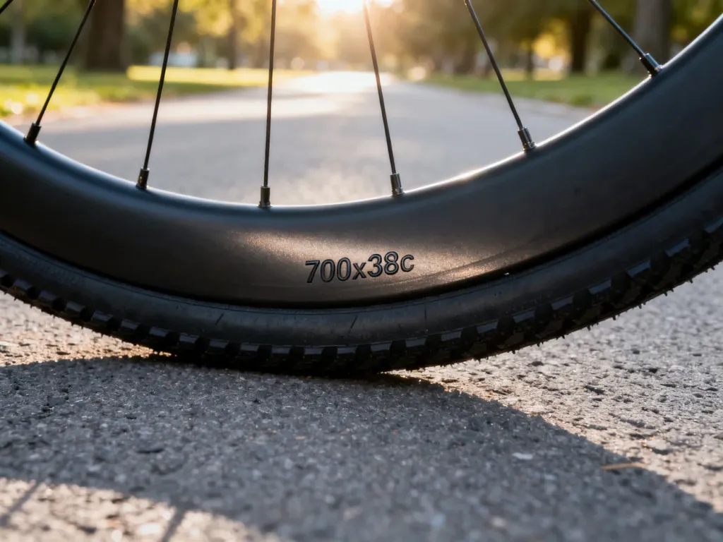 Zbliżenie na oponę rowerową z wyraźnym oznaczeniem rozmiaru 700x38c na tle asfaltowej drogi w parku.