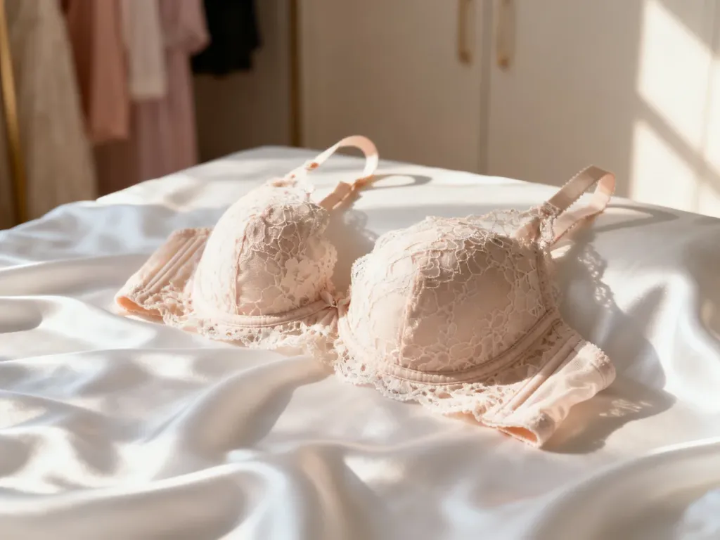 Elegancki koronkowy biustonosz w rozmiarze 32C leżący na satynowym materiale w słonecznym świetle.