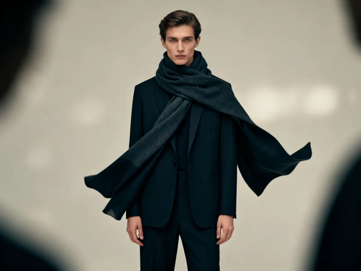 Elegancka stylizacja z miękkim kontrastowym szalem