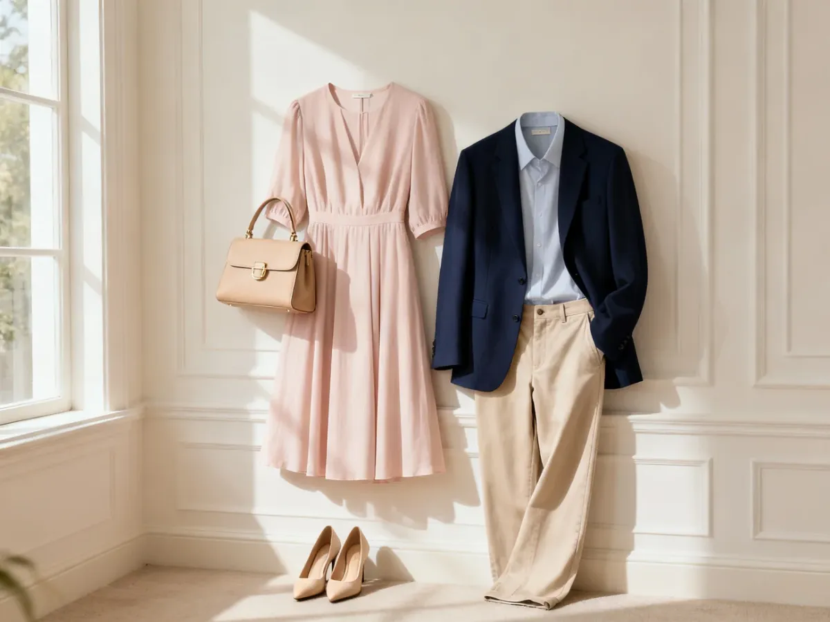 Eleganckie damskie i męskie stylizacje na chrzciny w pastelowych i neutralnych kolorach