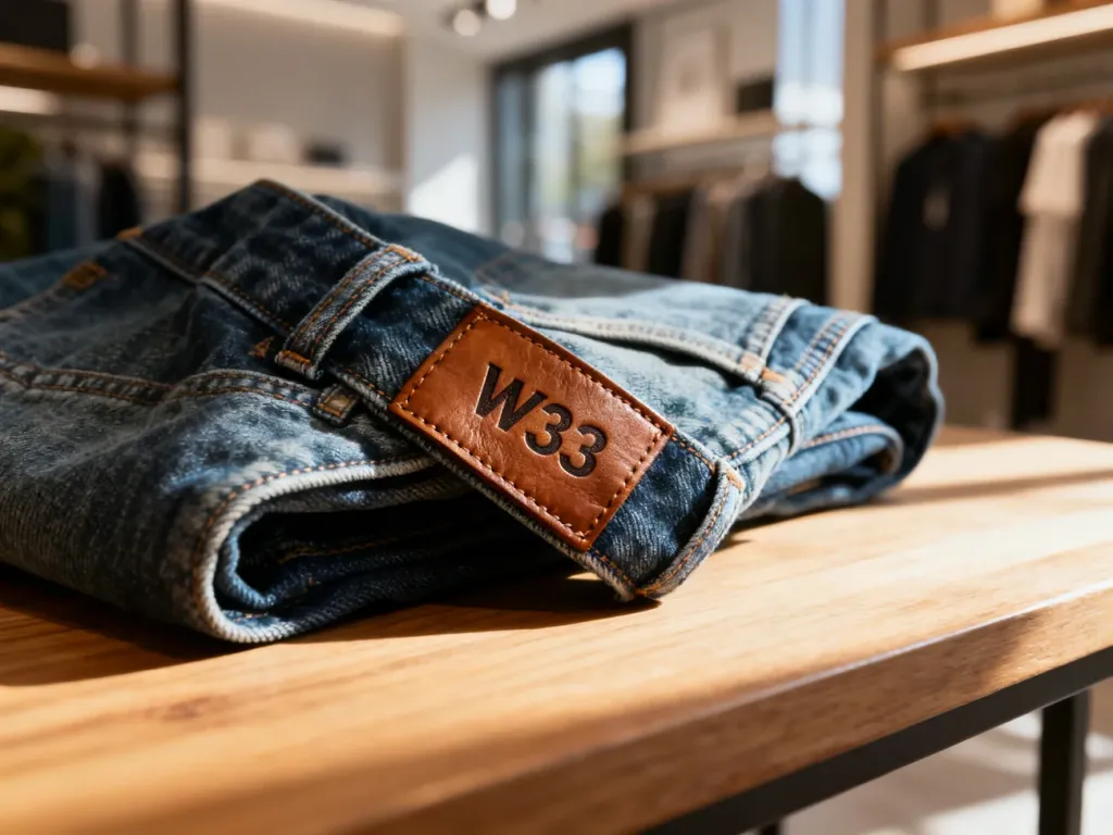 Skórzana metka z rozmiarem W33 na klasycznych jeansach leżących na drewnianym stole w sklepie odzieżowym.