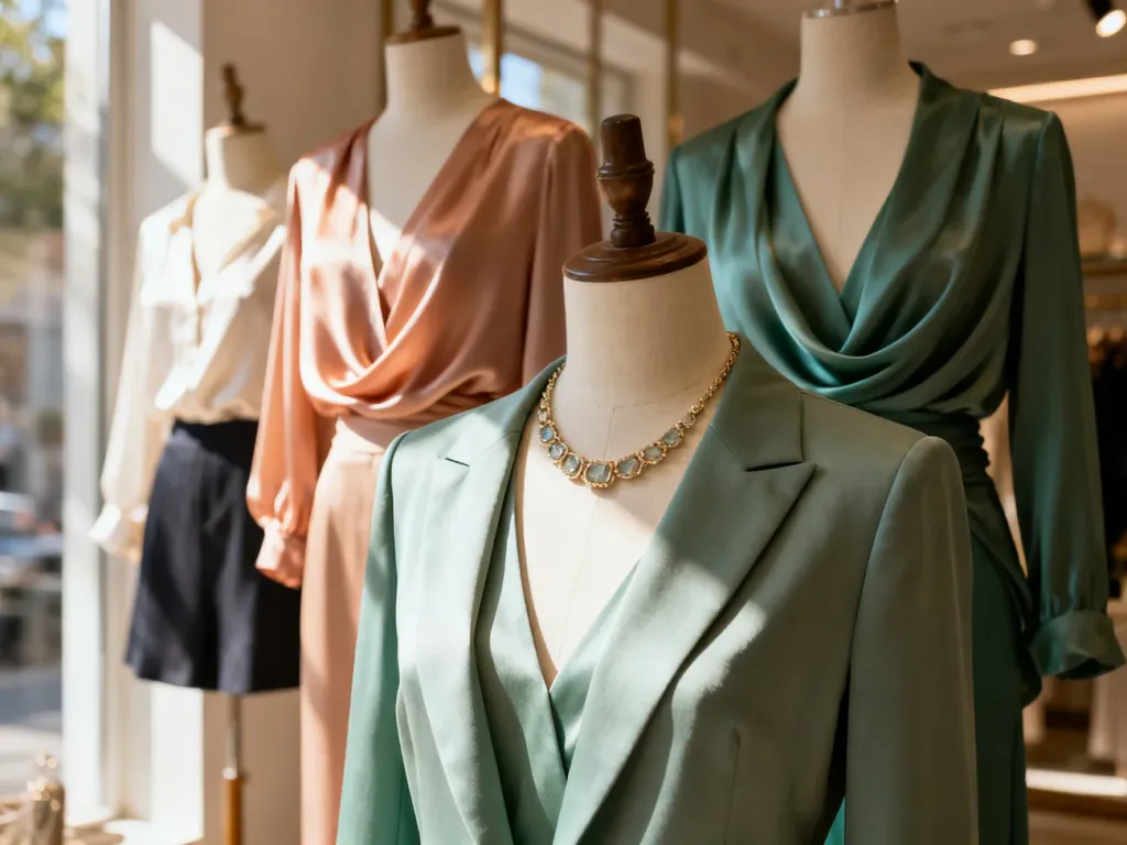 Eleganckie bluzki z dekoltem w serek i drapowaniem oraz naszyjnik, które optycznie modelują i podkreślają biust.