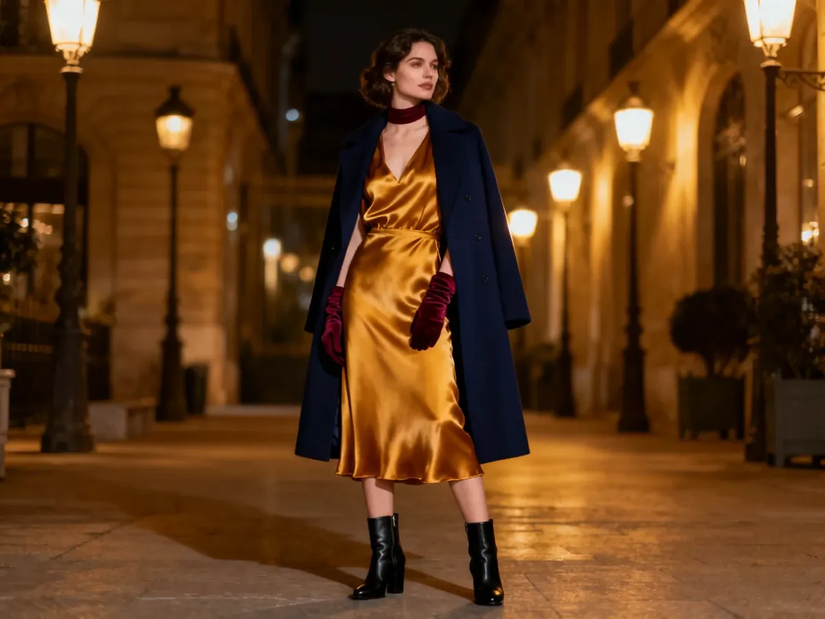 Elegancka stylizacja wieczorowa z musztardową satynową sukienką